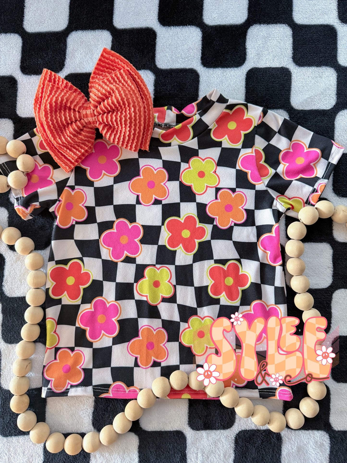 Neon Checkered Flower 6/12M Tee