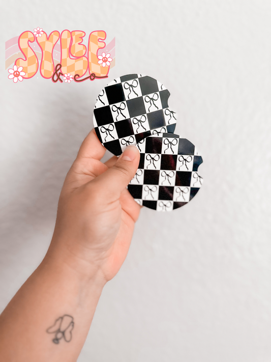 Black Checkered Coquette Car Coasters