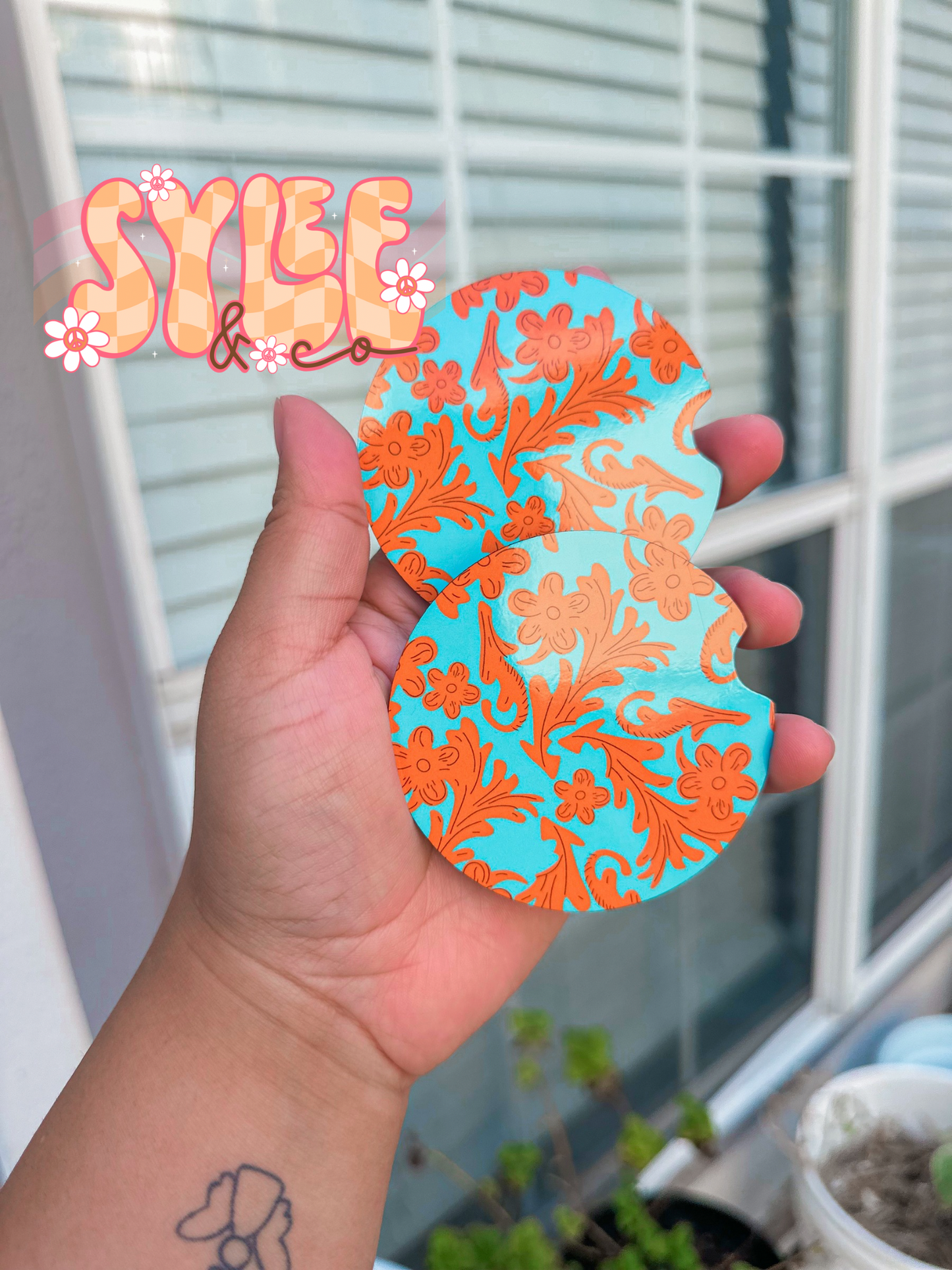 Western Doodle Leather Car Coasters