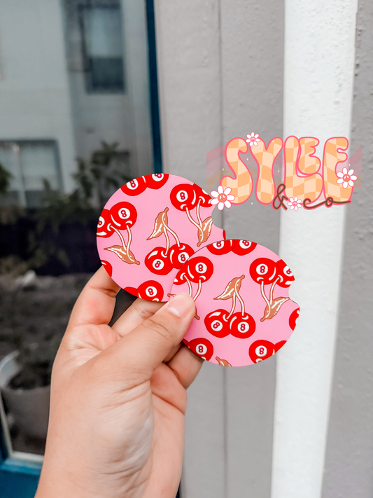 Red Cherry 8 Ball Car Coasters