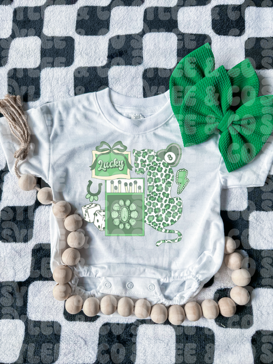 Green Lucky Collage Bubble Romper